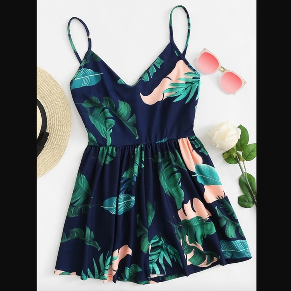 Pants - Leaf Print Cami Romper